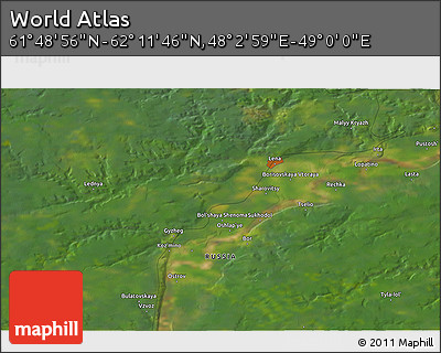 Satellite 3D Map of the Area around 62° 0' 21" N, 48° 31' 29" E
