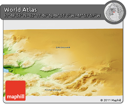 Physical 3D Map of the Area around 62° 0' 21" N, 48° 22' 30" W