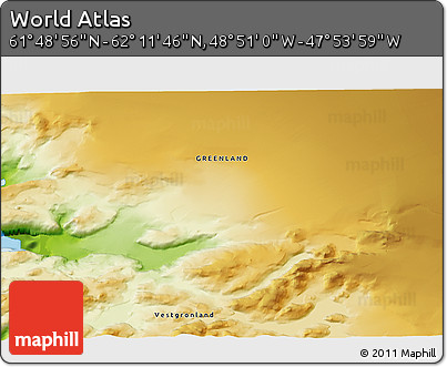 Physical 3D Map of the Area around 62° 0' 21" N, 48° 22' 30" W
