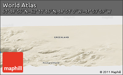 Shaded Relief Panoramic Map of the Area around 62° 0' 21" N, 48° 22' 30" W