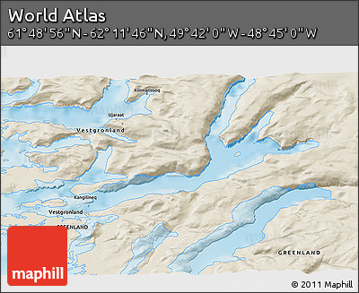 Shaded Relief 3D Map of the Area around 62° 0' 21" N, 49° 13' 30" W