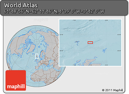 Gray Location Map of the Area around 62° 0' 21" N, 4° 10' 30" W, hill shading