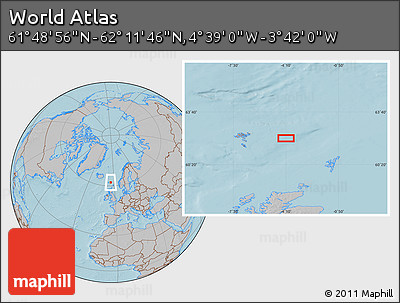 Gray Location Map of the Area around 62° 0' 21" N, 4° 10' 30" W, hill shading