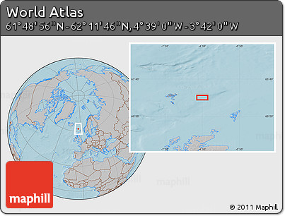 Gray Location Map of the Area around 62° 0' 21" N, 4° 10' 30" W, hill shading