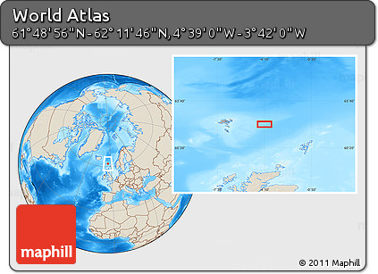 Shaded Relief Location Map of the Area around 62° 0' 21" N, 4° 10' 30" W