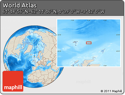 Shaded Relief Location Map of the Area around 62° 0' 21" N, 4° 10' 30" W