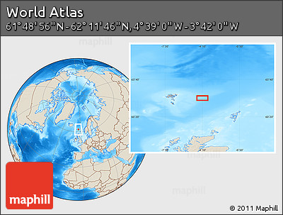 Shaded Relief Location Map of the Area around 62° 0' 21" N, 4° 10' 30" W
