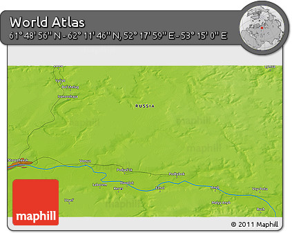 Physical 3D Map of the Area around 62° 0' 21" N, 52° 46' 29" E