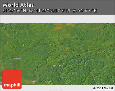 Satellite 3D Map of the Area around 62° 0' 21" N, 53° 37' 30" E