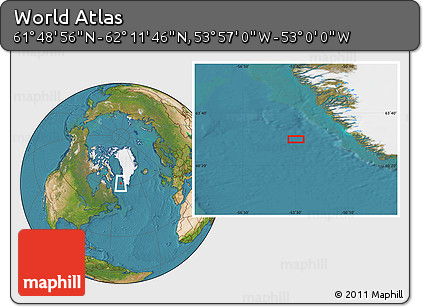 Satellite Location Map of the Area around 62° 0' 21" N, 53° 28' 30" W