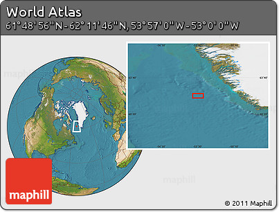 Satellite Location Map of the Area around 62° 0' 21" N, 53° 28' 30" W