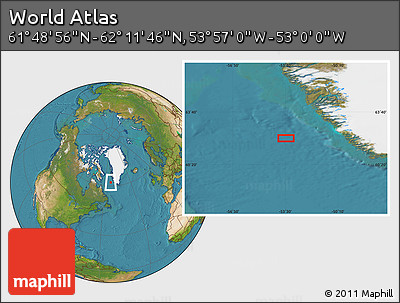 Satellite Location Map of the Area around 62° 0' 21" N, 53° 28' 30" W