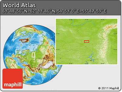 Physical Location Map of the Area around 62° 0' 21" N, 55° 19' 30" E
