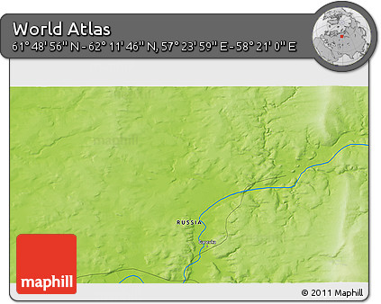 Physical 3D Map of the Area around 62° 0' 21" N, 57° 52' 30" E