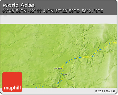 Physical 3D Map of the Area around 62° 0' 21" N, 57° 52' 30" E