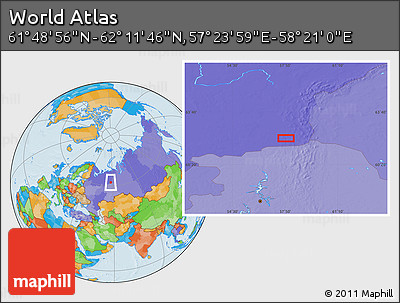 Political Location Map of the Area around 62° 0' 21" N, 57° 52' 30" E