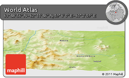 Physical Panoramic Map of the Area around 62° 0' 21" N, 59° 34' 30" E