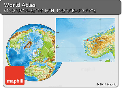 Physical Location Map of the Area around 62° 0' 21" N, 5° 10' 30" E