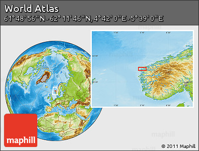 Physical Location Map of the Area around 62° 0' 21" N, 5° 10' 30" E