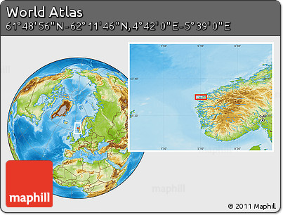 Physical Location Map of the Area around 62° 0' 21" N, 5° 10' 30" E