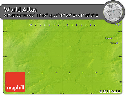 Physical Map of the Area around 62° 0' 21" N, 61° 16' 29" E