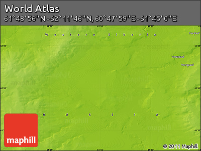 Physical Map of the Area around 62° 0' 21" N, 61° 16' 29" E