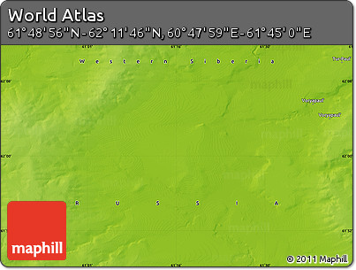 Physical Map of the Area around 62° 0' 21" N, 61° 16' 29" E