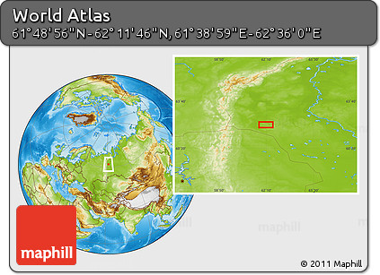 Physical Location Map of the Area around 62° 0' 21" N, 62° 7' 30" E
