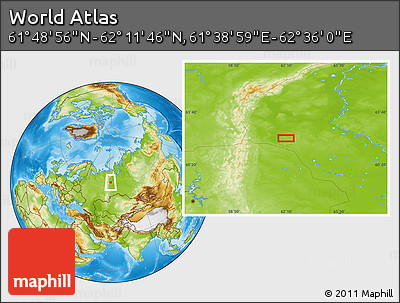 Physical Location Map of the Area around 62° 0' 21" N, 62° 7' 30" E