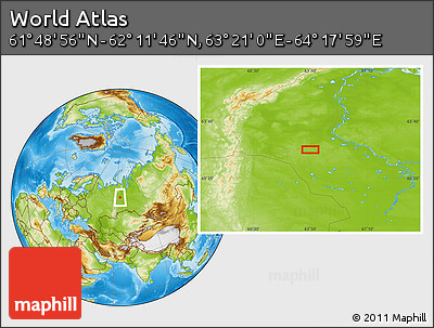 Physical Location Map of the Area around 62° 0' 21" N, 63° 49' 30" E