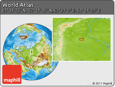 Physical Location Map of the Area around 62° 0' 21" N, 63° 49' 30" E