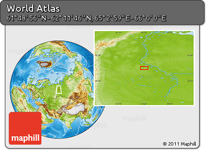Physical Location Map of the Area around 62° 0' 21" N, 65° 31' 30" E