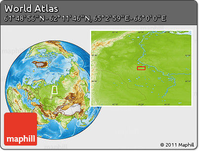 Physical Location Map of the Area around 62° 0' 21" N, 65° 31' 30" E