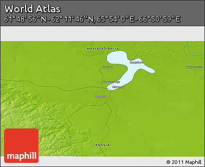 Physical 3D Map of the Area around 62° 0' 21" N, 66° 22' 30" E