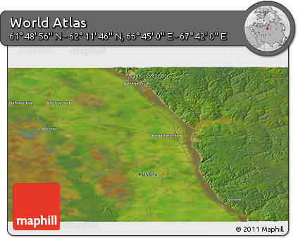 Satellite 3D Map of the Area around 62° 0' 21" N, 67° 13' 29" E