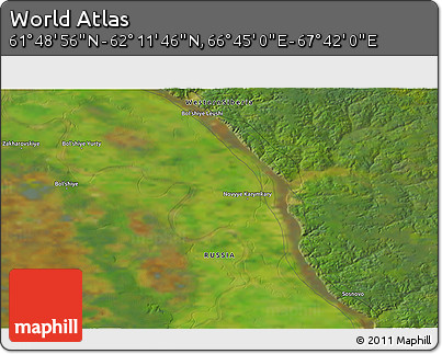 Satellite 3D Map of the Area around 62° 0' 21" N, 67° 13' 29" E