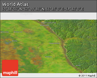 Satellite 3D Map of the Area around 62° 0' 21" N, 67° 13' 29" E