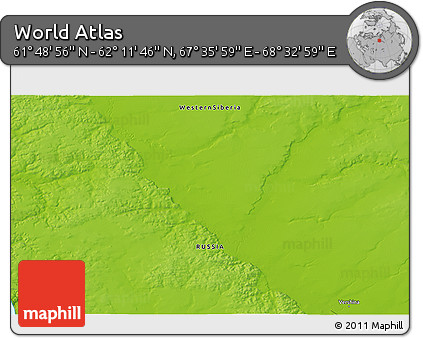 Physical 3D Map of the Area around 62° 0' 21" N, 68° 4' 29" E
