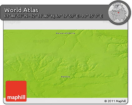 Physical 3D Map of the Area around 62° 0' 21" N, 69° 46' 30" E