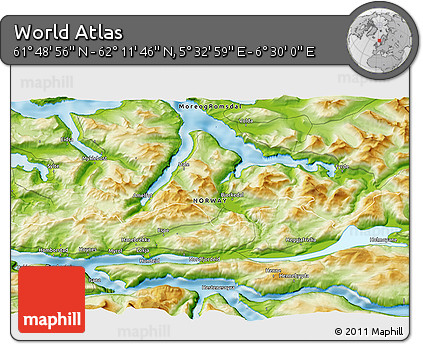 Physical 3D Map of the Area around 62° 0' 21" N, 6° 1' 30" E