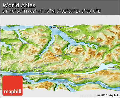 Physical 3D Map of the Area around 62° 0' 21" N, 6° 1' 30" E