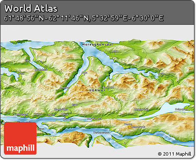 Physical 3D Map of the Area around 62° 0' 21" N, 6° 1' 30" E