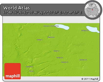 Physical 3D Map of the Area around 62° 0' 21" N, 72° 19' 29" E