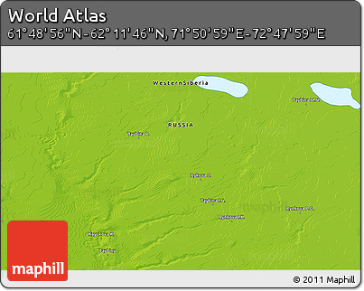 Physical 3D Map of the Area around 62° 0' 21" N, 72° 19' 29" E
