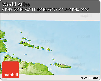 Physical 3D Map of the Area around 62° 0' 21" N, 72° 10' 30" W
