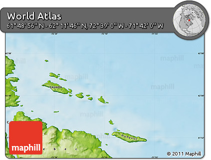 Physical Map of the Area around 62° 0' 21" N, 72° 10' 30" W