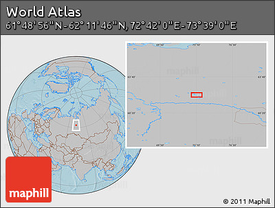 Gray Location Map of the Area around 62° 0' 21" N, 73° 10' 30" E, hill shading