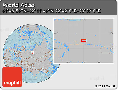 Gray Location Map of the Area around 62° 0' 21" N, 73° 10' 30" E, hill shading