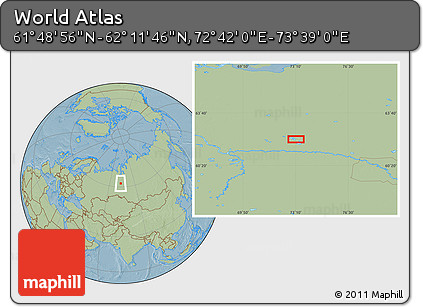 Savanna Style Location Map of the Area around 62° 0' 21" N, 73° 10' 30" E, hill shading