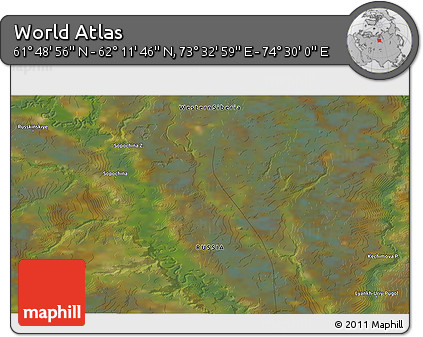 Satellite 3D Map of the Area around 62° 0' 21" N, 74° 1' 30" E